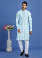 Cotton Blue Festival Wear Embroidery Work Kurta Pajama